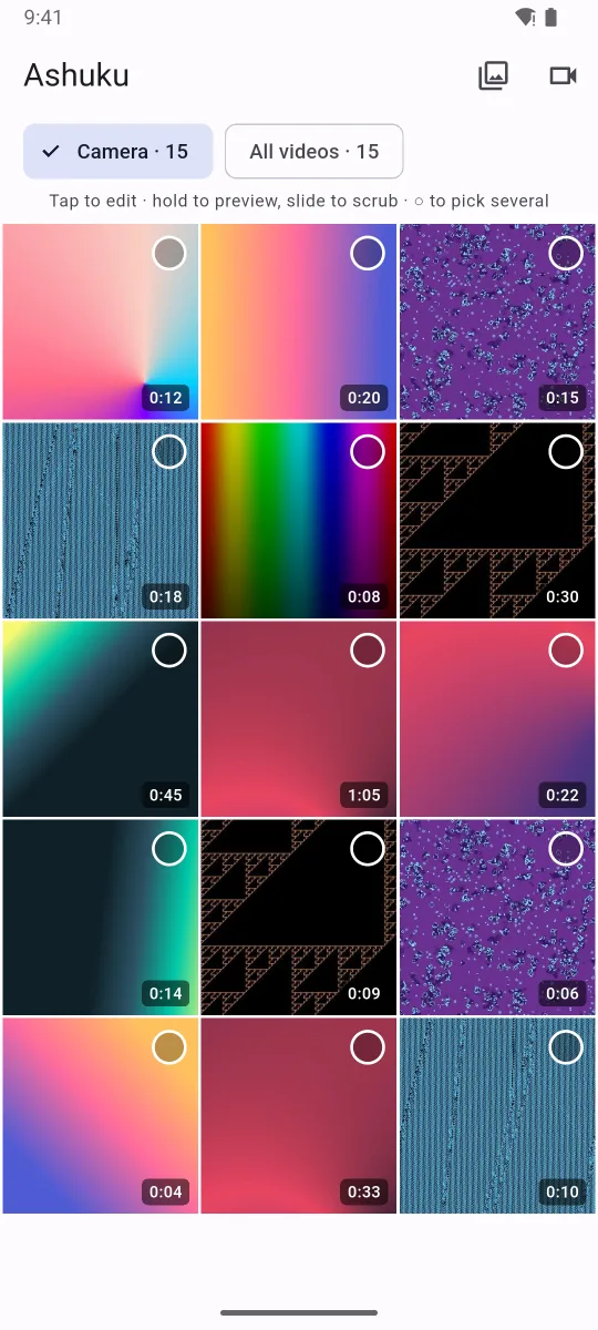 Ashuku's video library: a grid of camera videos with durations and selection circles