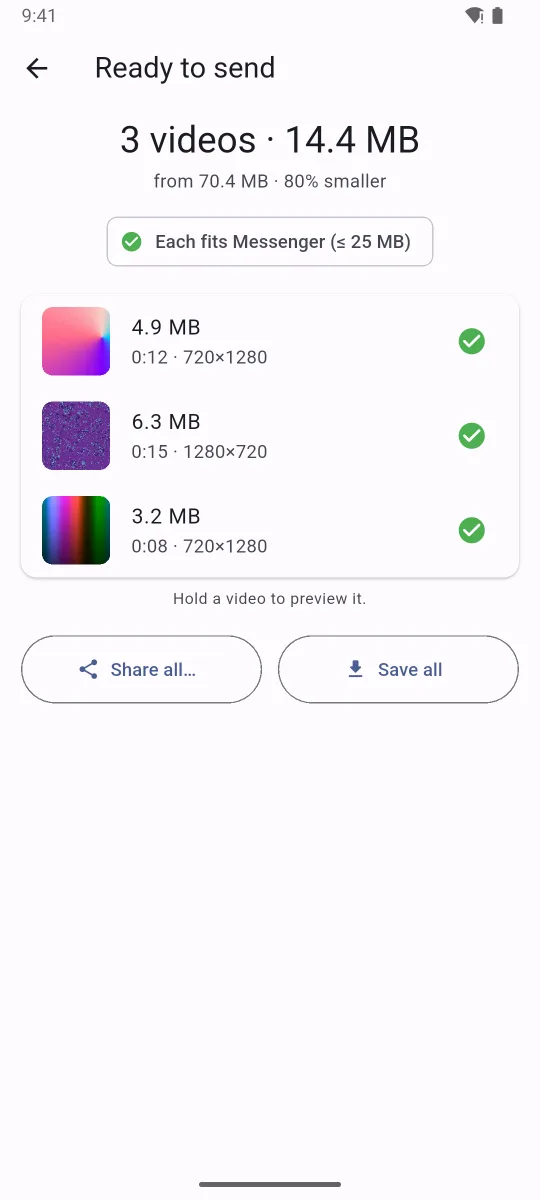 Compression results showing each video fits the Messenger limit