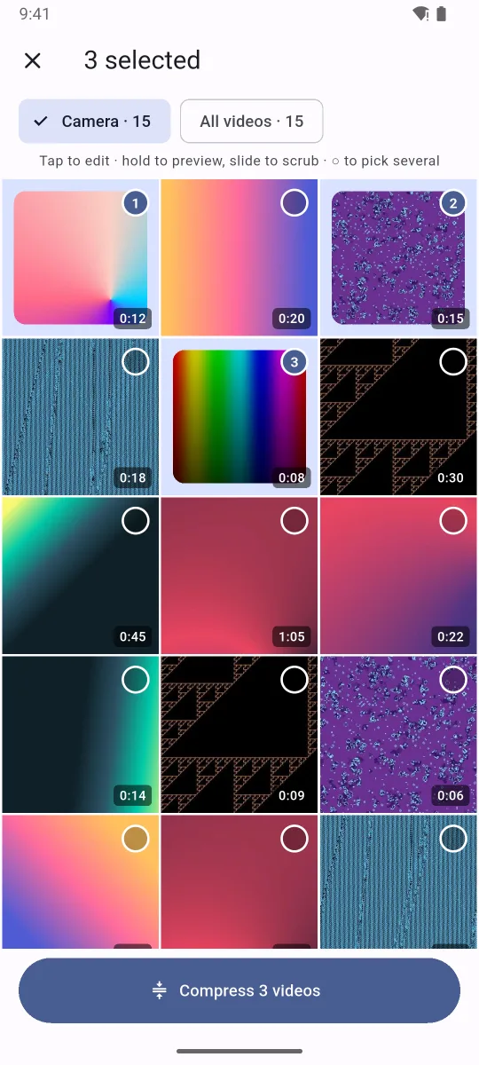Three videos selected in order with numbered badges